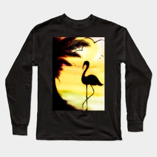 golden sunset palm tree flamingo Long Sleeve T-Shirt